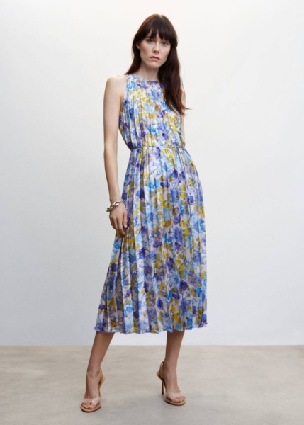 Mango Blue Pleated Dress With Print Womens DRESSES GOOFASH