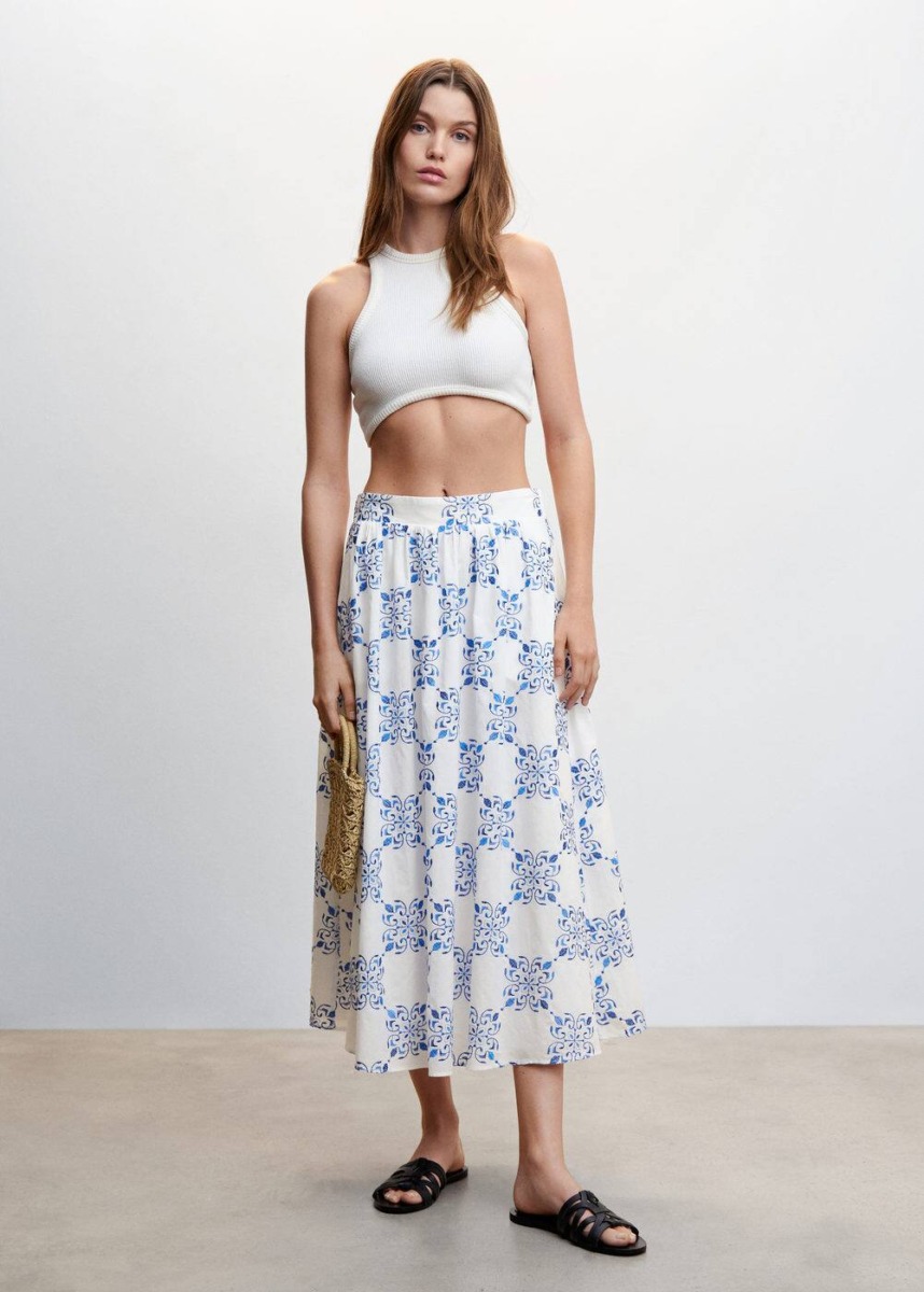 Mango Blue Printed Skirt With Tire Fold Details Womens SKIRTS GOOFASH
