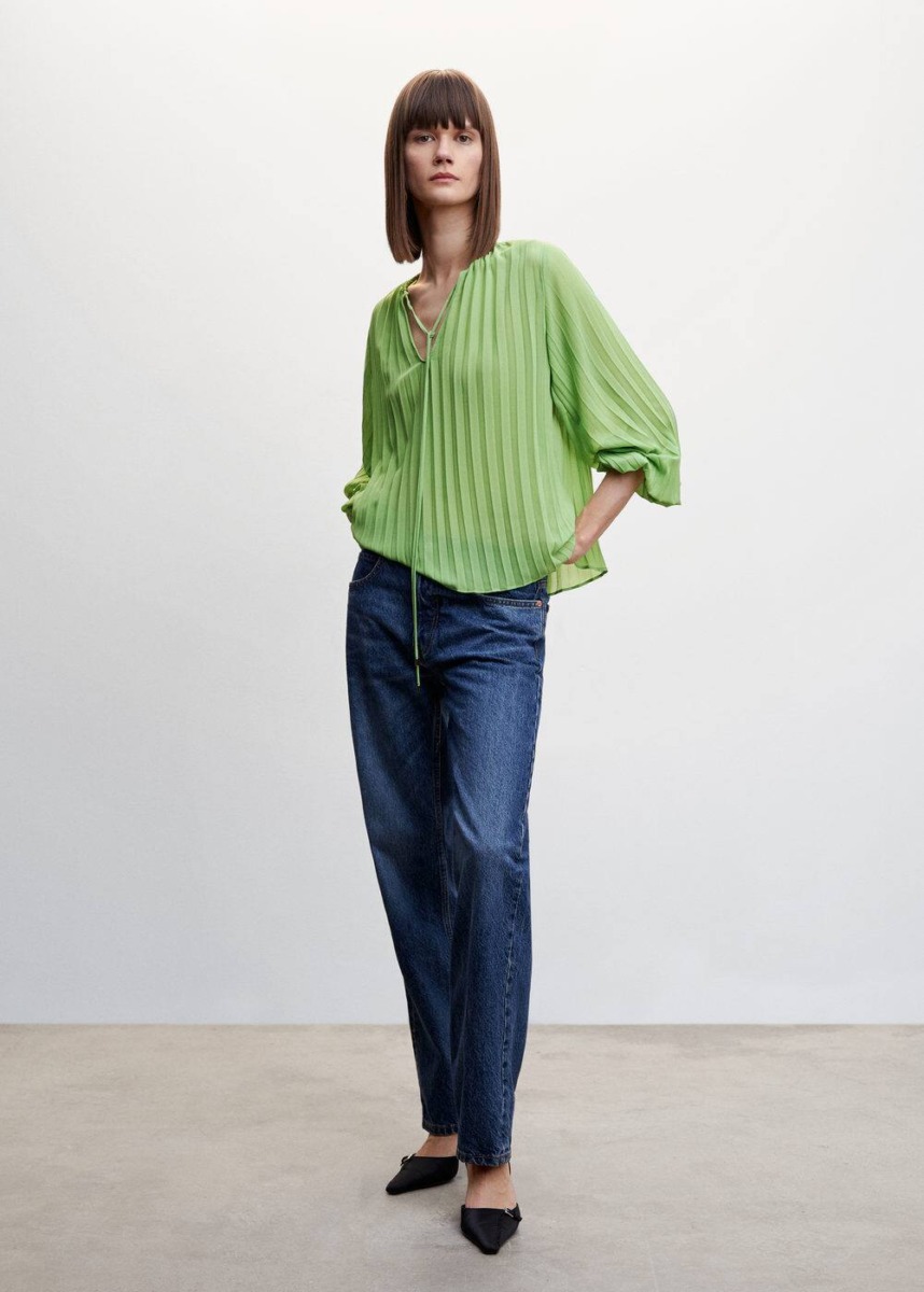 Mango Green Pleated Blouse With Puffed Sleeves Womens BLOUSES GOOFASH