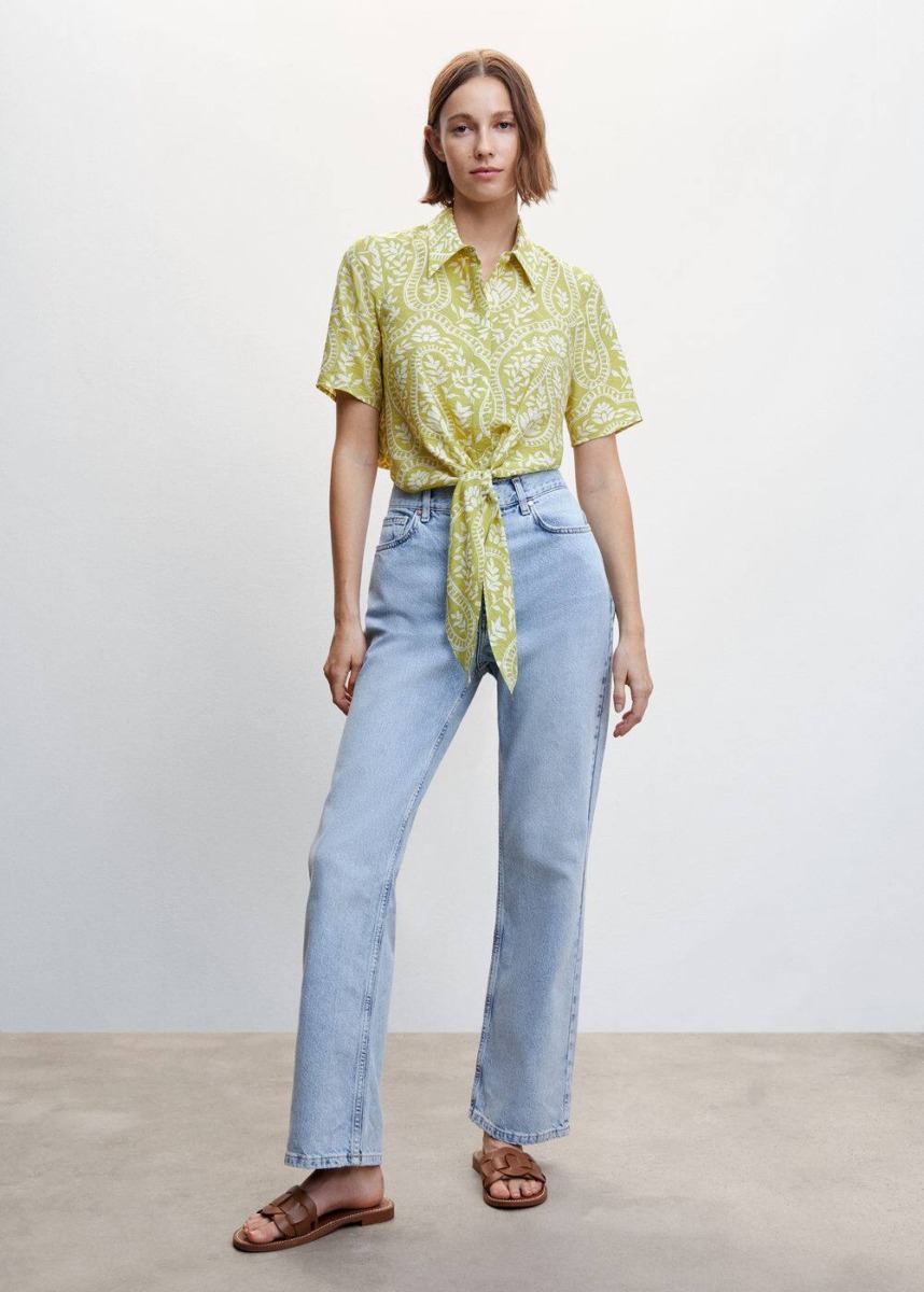 Mango Green Printed Blouse With Button Womens BLOUSES GOOFASH