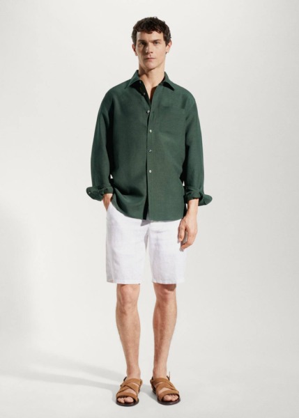Mango Green Regular Fit-Shirt From Lyocell And Linen Mens SHIRTS GOOFASH