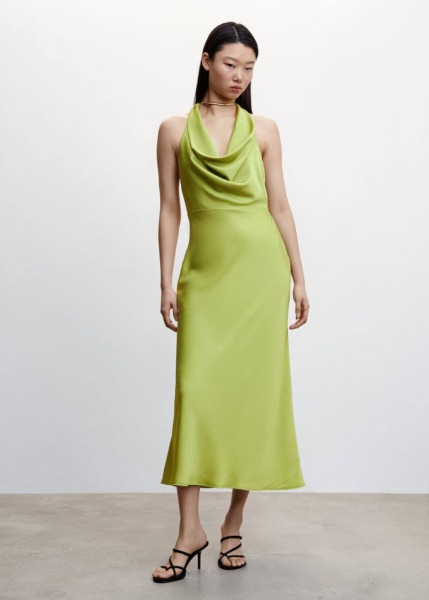 Mango Green Satin Dress With Draped Neck Womens DRESSES GOOFASH