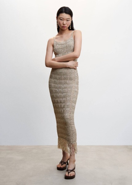Mango Grey Knitted Dress With Franjed Retail Womens DRESSES GOOFASH