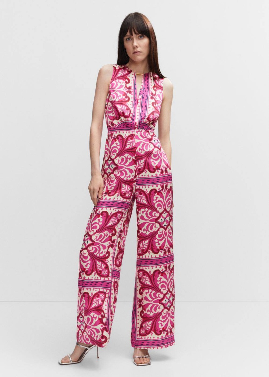 Mango Pink Printed Jumpsuit With Metal Detail Womens JUMPSUITS GOOFASH