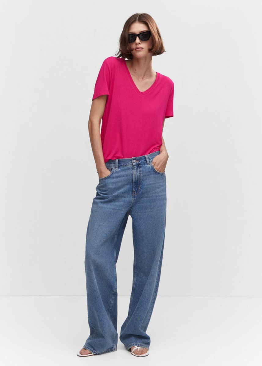 Mango Pink T-Shirt With V-Neck Womens T-SHIRTS GOOFASH