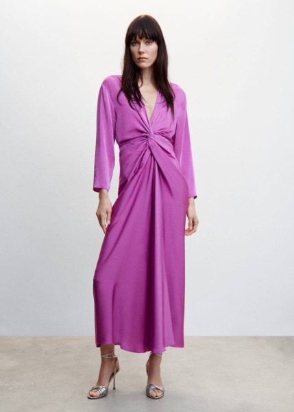 Mango Purple Satin Like Dress With Knot Womens DRESSES GOOFASH