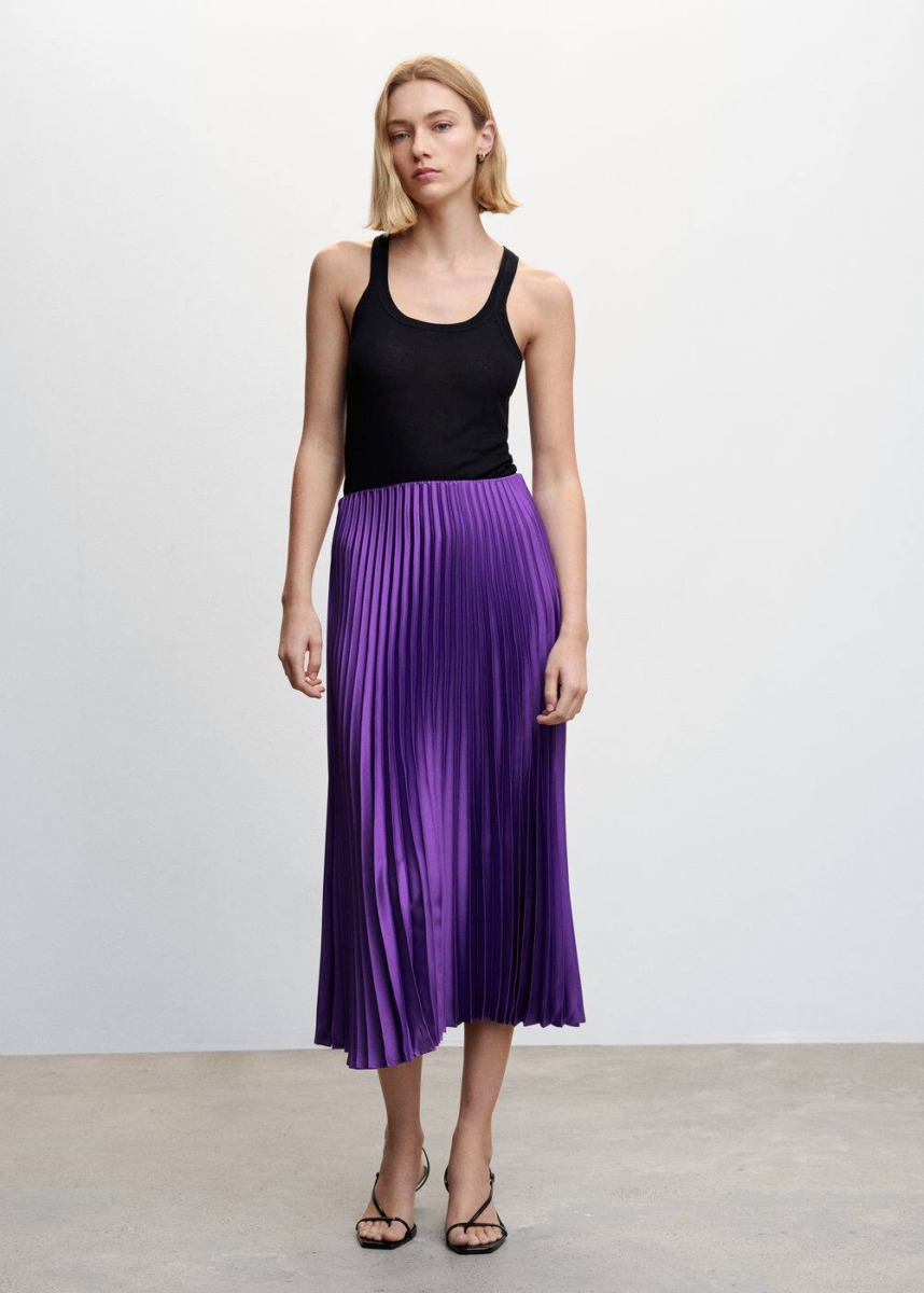 Mango Purple Satin Pleated Skirt Womens SKIRTS GOOFASH