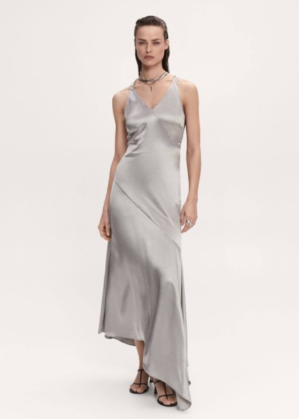 Mango Silver Satin Dress With Asymmetrical Bottom Womens DRESSES GOOFASH