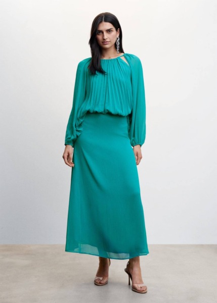 Mango Turquoise Pleated Dress With Opening On The Shoulders Womens DRESSES GOOFASH