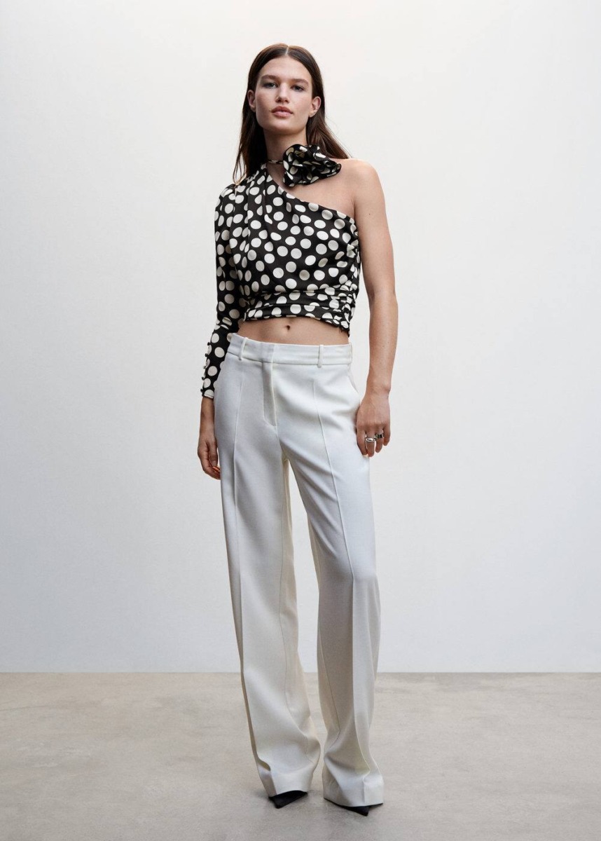 Mango White Dotted Blouse With Flower Application Womens BLOUSES GOOFASH