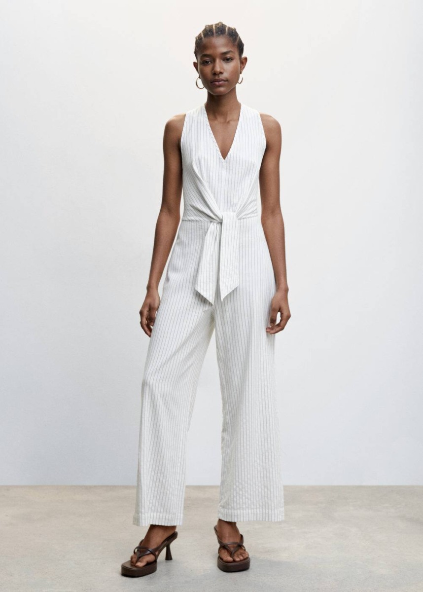 Mango White Striped Jumpsuit With Bow Womens JUMPSUITS GOOFASH