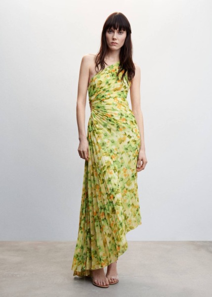 Mango Yellow Asymmetrical Pleated Dress Womens DRESSES GOOFASH