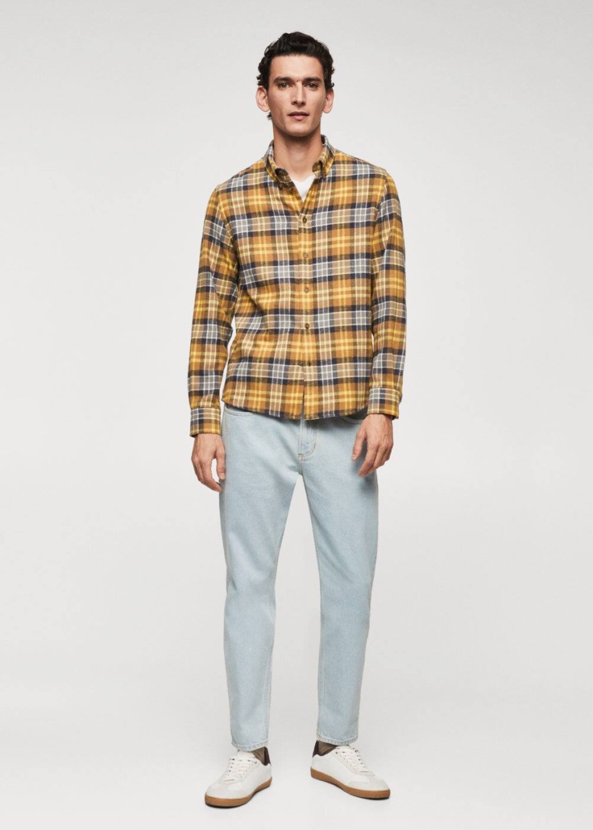 Mango Yellow Checkered Flannel Shirt Mens SHIRTS GOOFASH