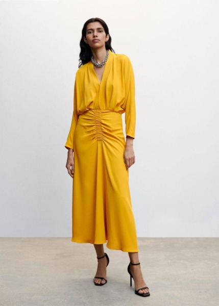 Mango Yellow Dress With Smoked V-Neck Womens DRESSES GOOFASH