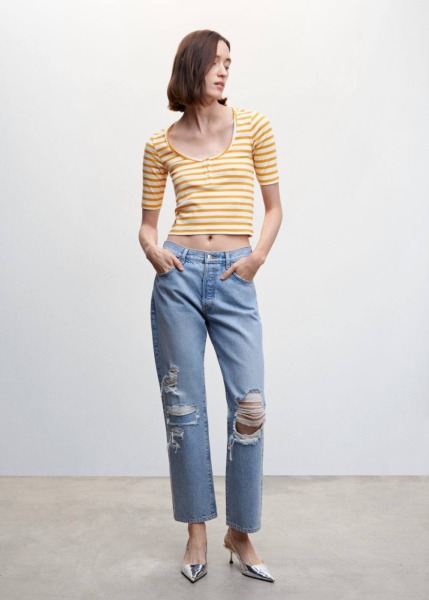 Mango Yellow Ribbed Striped T-Shirt Womens T-SHIRTS GOOFASH