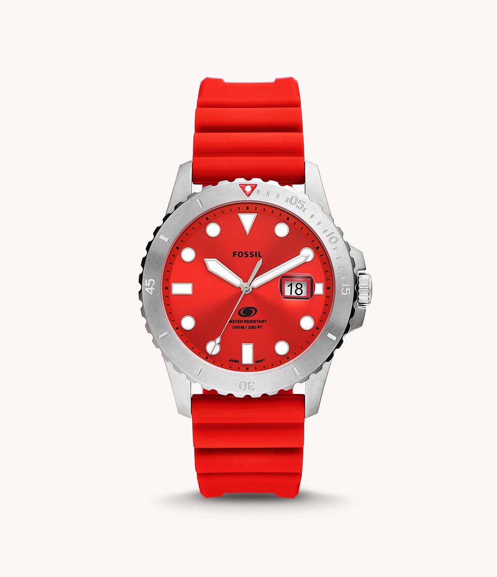 Men's Blue Three Hand Date Red Silicone Watch Fossil Mens WATCHES GOOFASH