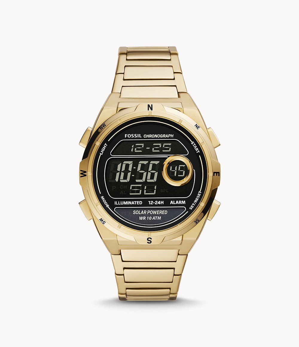 Men's Fossil Everett Solar Powered Digital Gold Tone Stainless Steel Watch Mens WATCHES GOOFASH