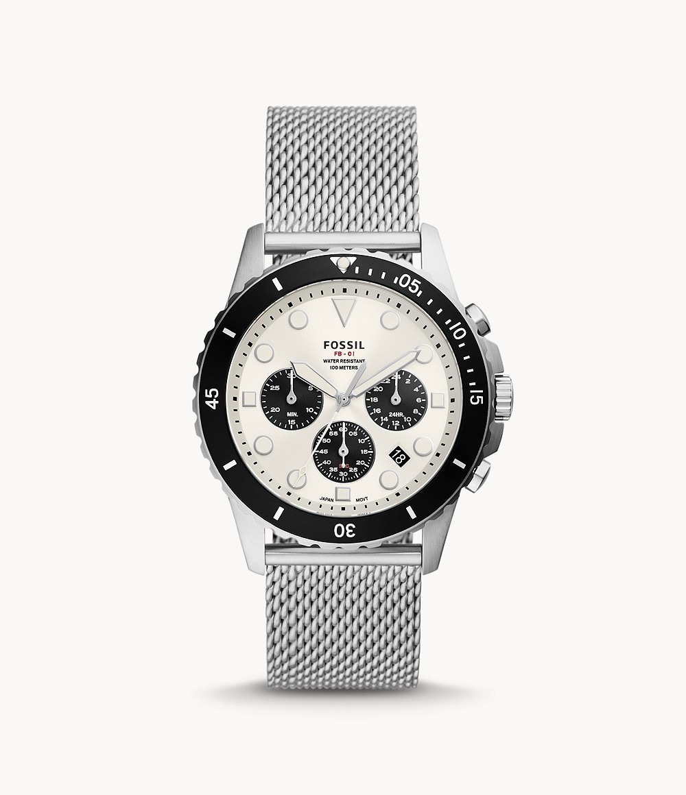 Men's Fossil Silver Fb Chronograph Stainless Steel Mesh Watch Mens WATCHES GOOFASH