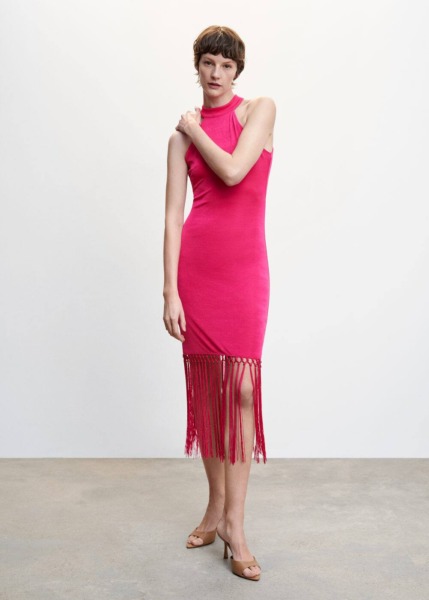 Pink Halter Dress With Fringes Mango Womens DRESSES GOOFASH