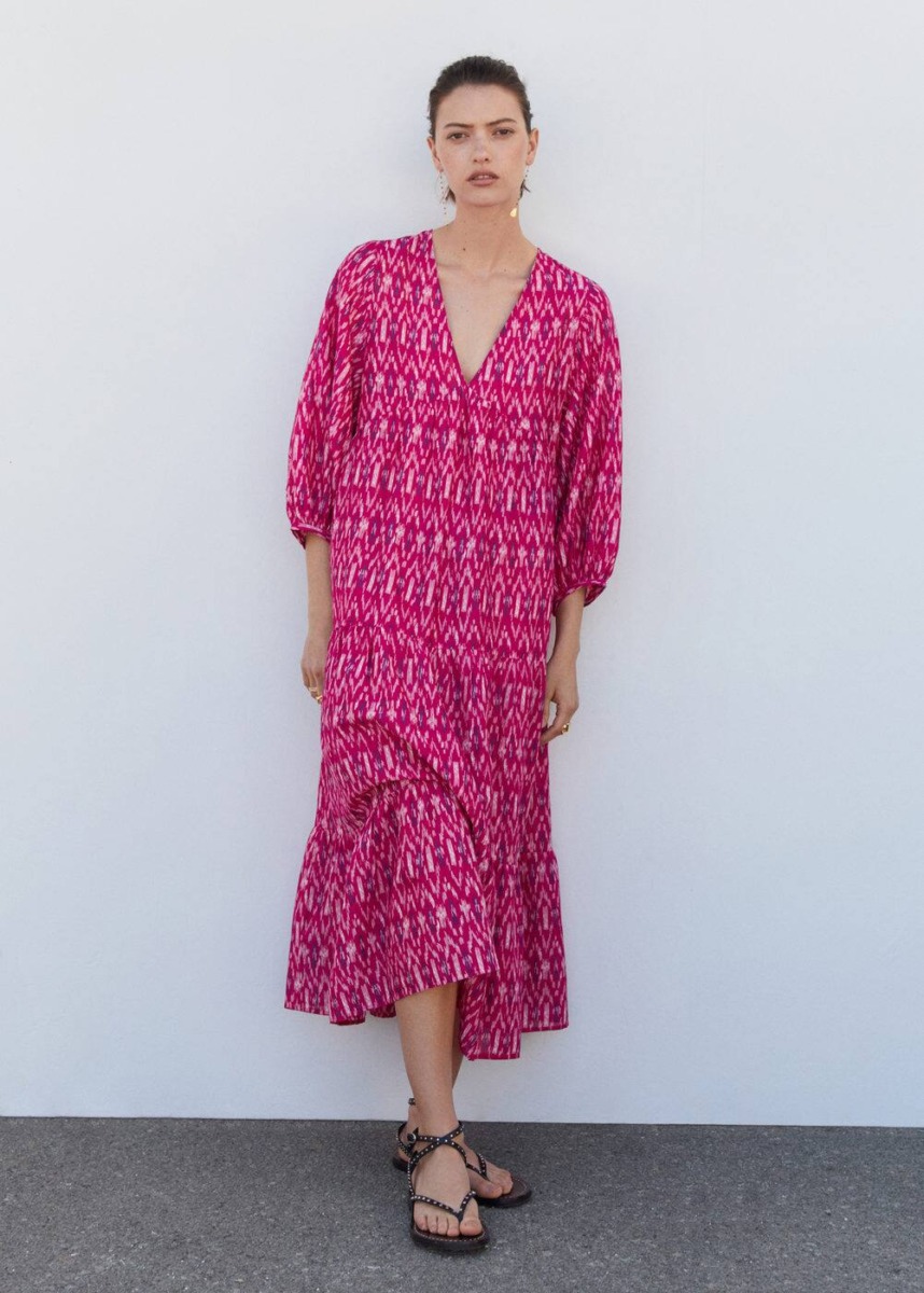 Pink Printed Dress With Puffed Sleeves Mango Womens DRESSES GOOFASH