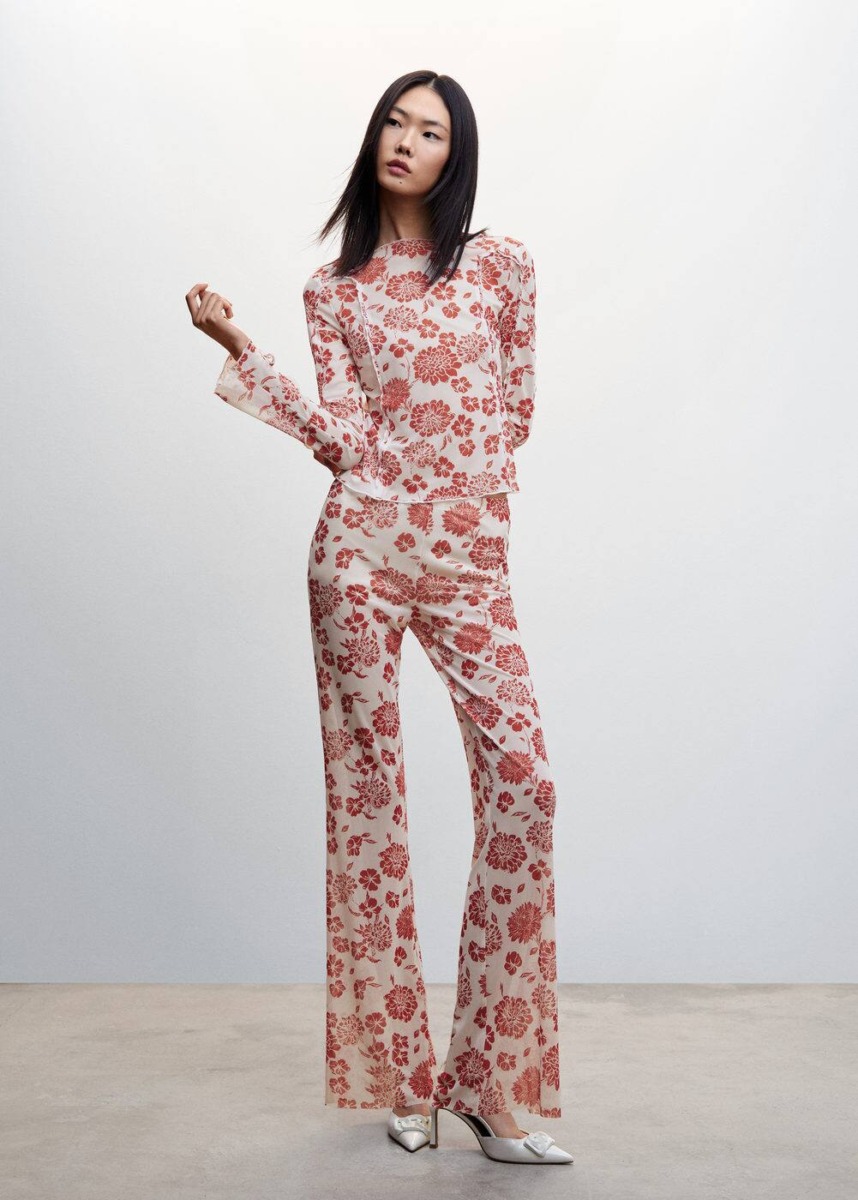 Red Pants With Flower Print Mango Womens TROUSERS GOOFASH