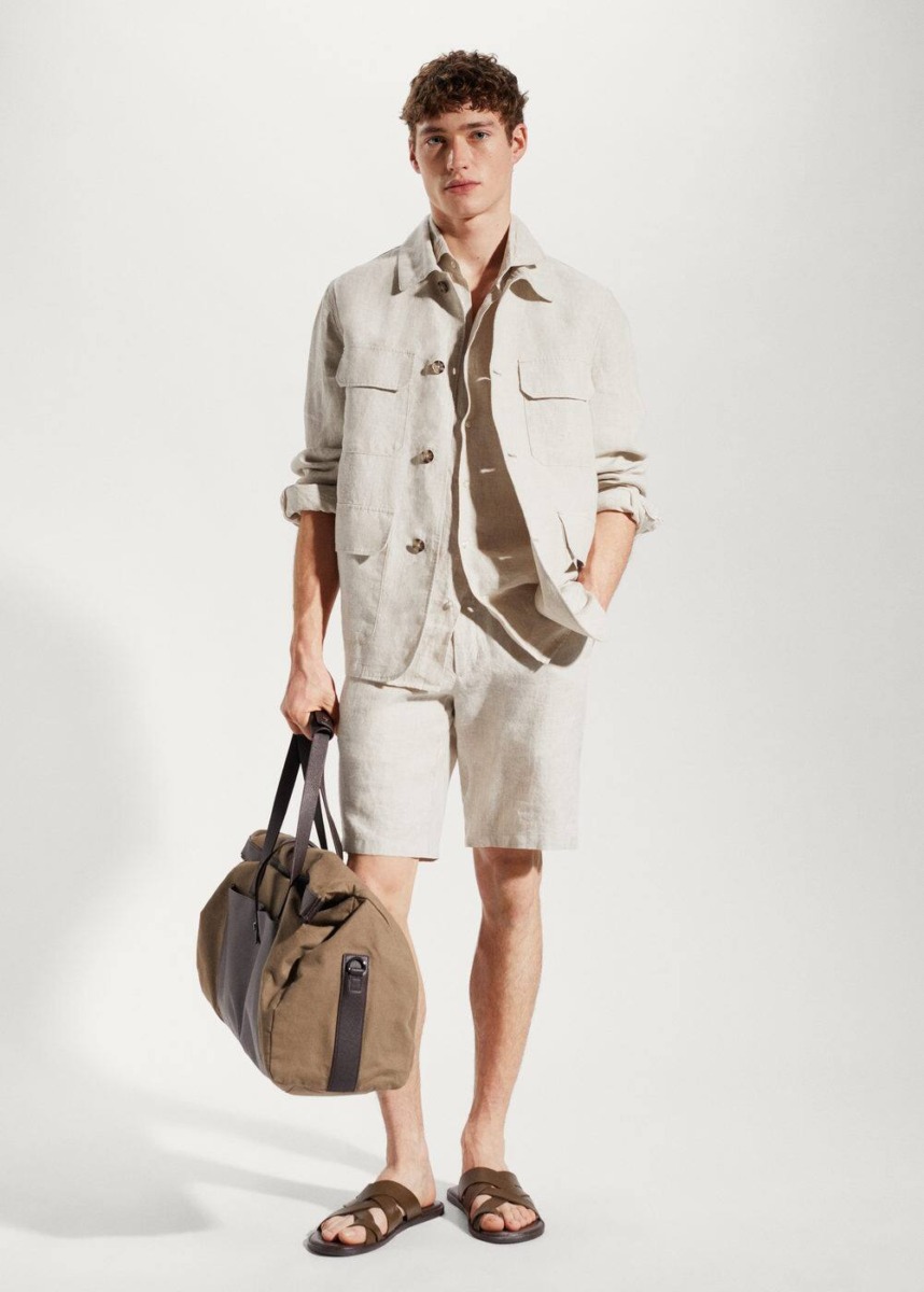 Sand Linen Shirt Jacket With Bags Mango Mens SHIRTS GOOFASH