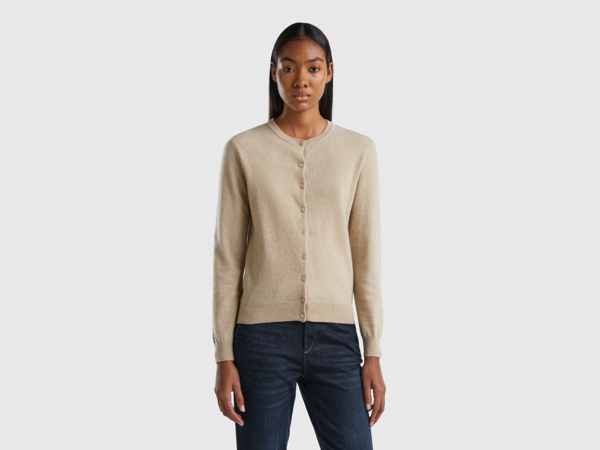 United Colors Of Beige Colored Cardigan Made Of Merino With Circular Neckline Beige Female Benetton Womens KNITWEAR GOOFASH