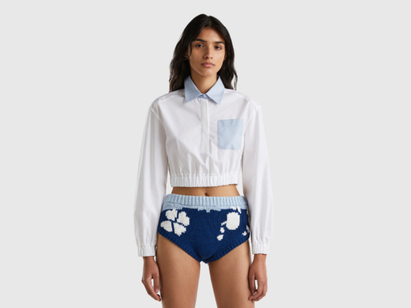 United Colors Of Cropped Blouse With Bag Pale Blue Female Benetton Womens BLOUSES GOOFASH