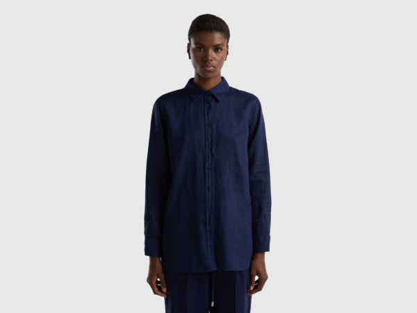 United Colors Of Long Blouse Made Of Pure Linen Dark Blue Female Benetton Womens BLOUSES GOOFASH