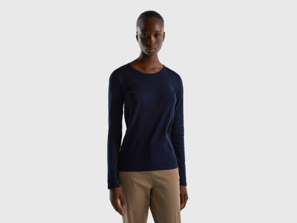 United Colors Of Long Sleeved T-Shirt Made Of Pure Dark Blue Female Benetton Womens T-SHIRTS GOOFASH