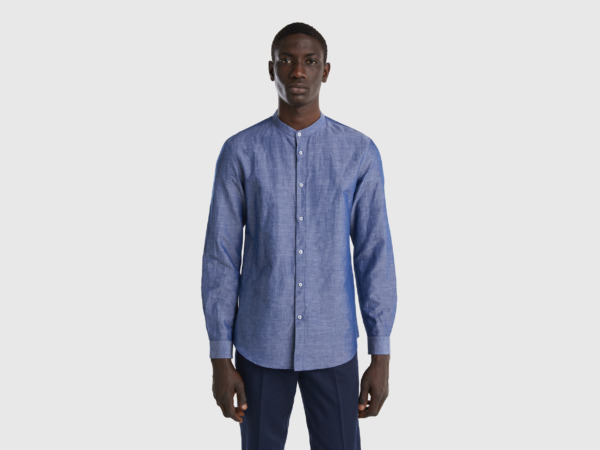 United Colors Of Shirt Made Of Linen Mixture With Korean Collar Light Blue Male Benetton Mens SHIRTS GOOFASH