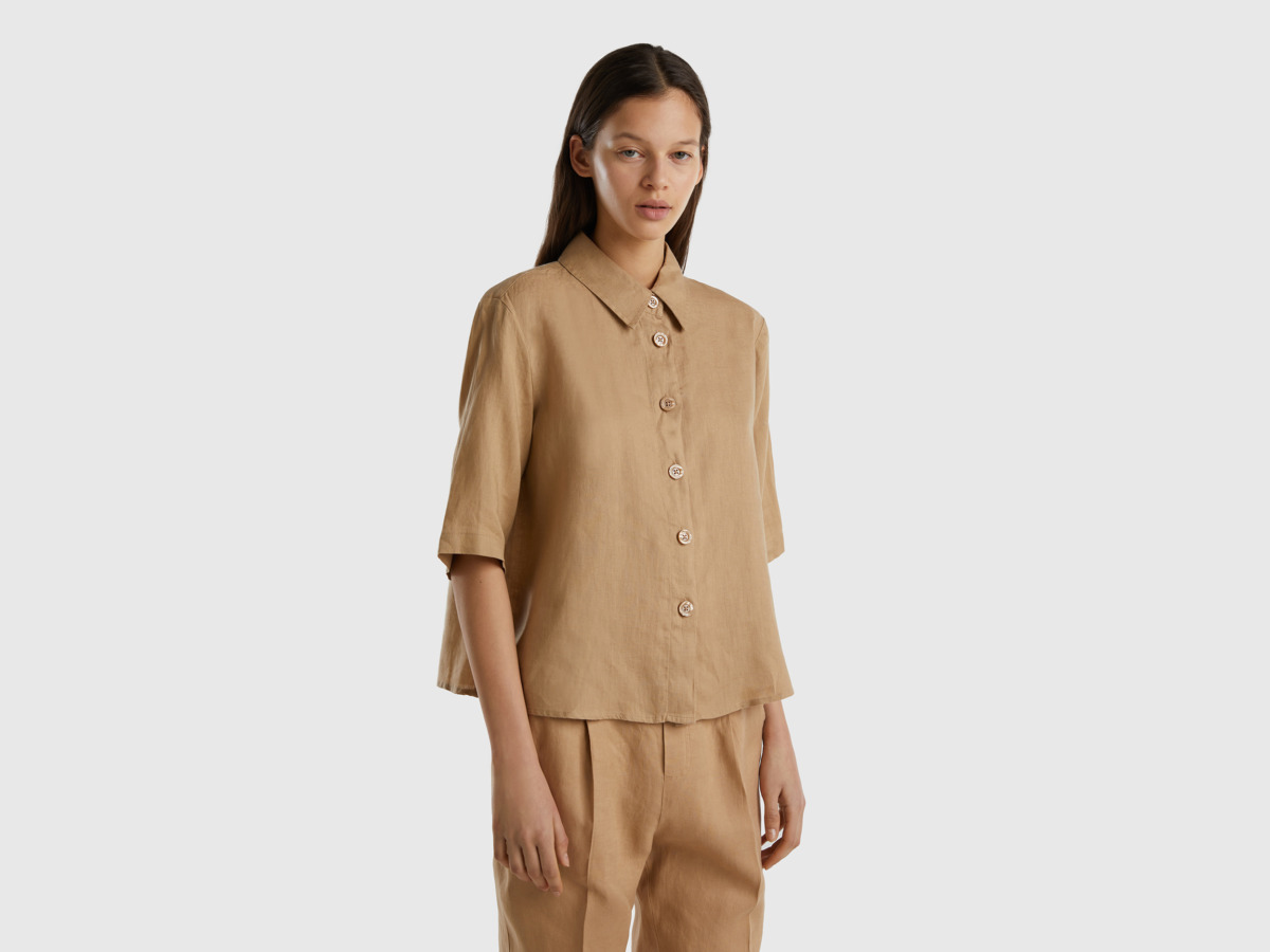 United Colors Of Short Blouse Made Of Pure Linen Camel Female Benetton Womens BLOUSES GOOFASH