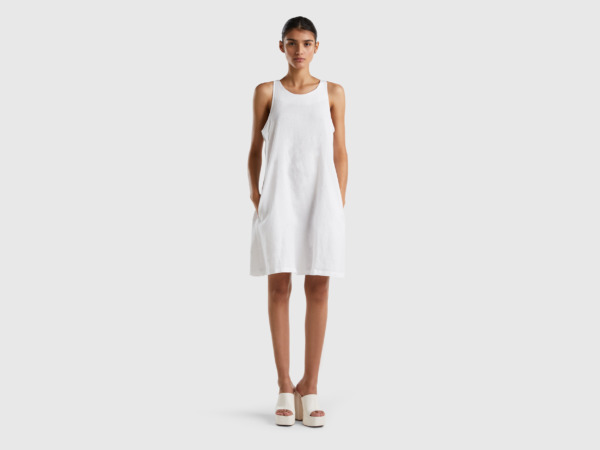 United Colors Of Sleeveless Dress In Pure Linen White Female Benetton Womens DRESSES GOOFASH