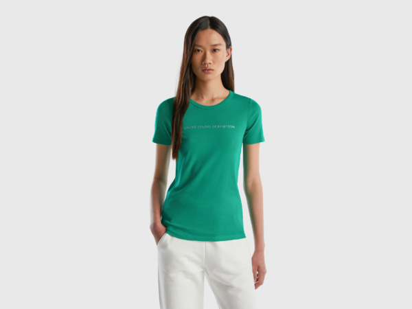 United Colors Of T-Shirt Made Of With Glittering Logoprint Green Female Benetton Womens T-SHIRTS GOOFASH