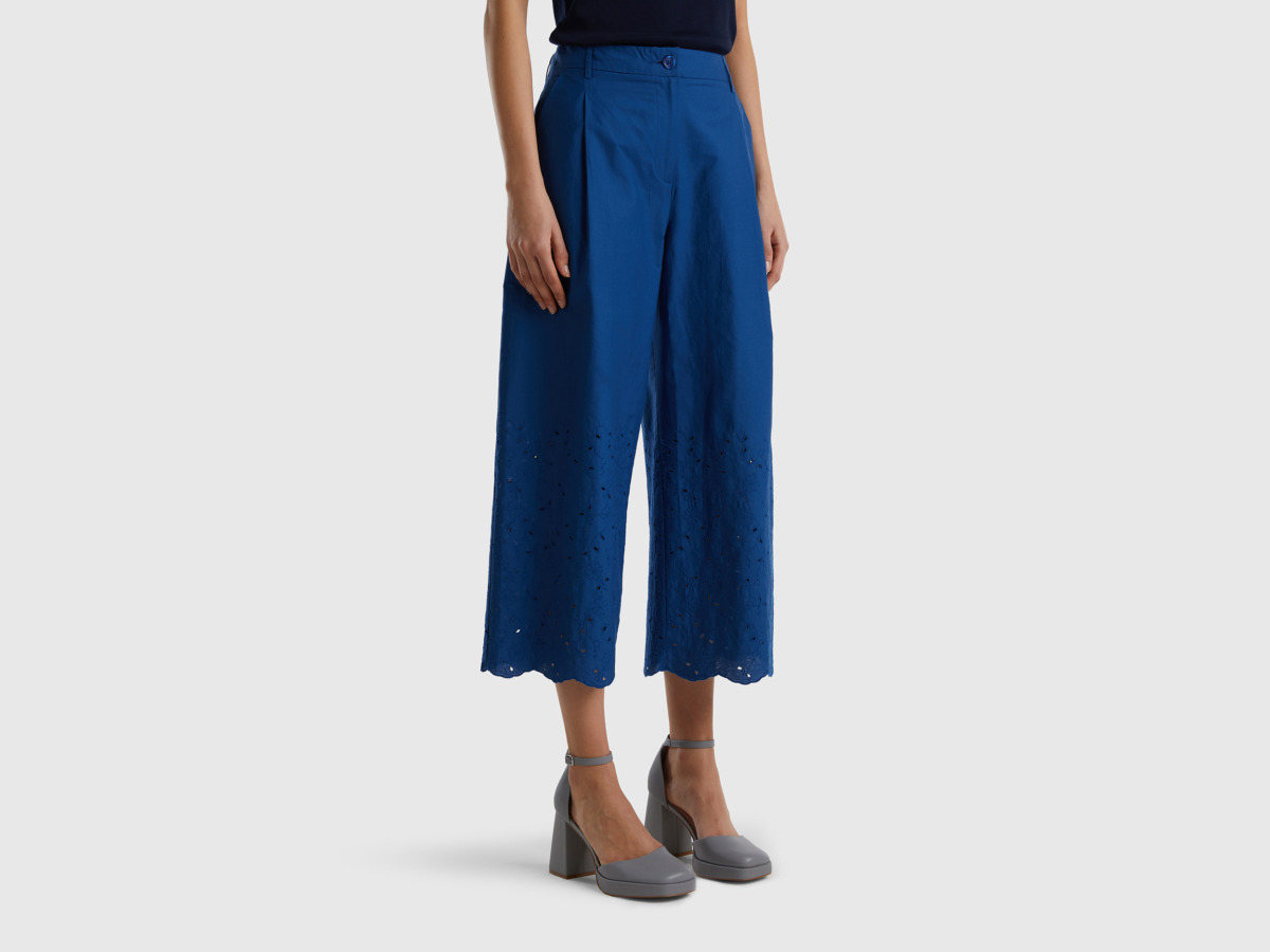 United Colors Of Wide Trousers With Perforated Embroidery Dark Blue Female Benetton Womens TROUSERS GOOFASH