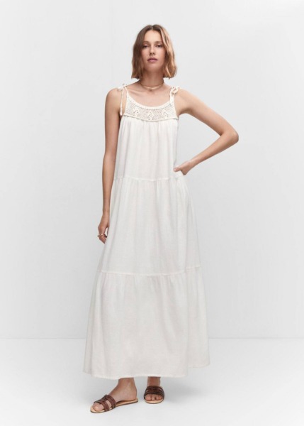 White Long Dress With Crochet Top Mango Womens DRESSES GOOFASH
