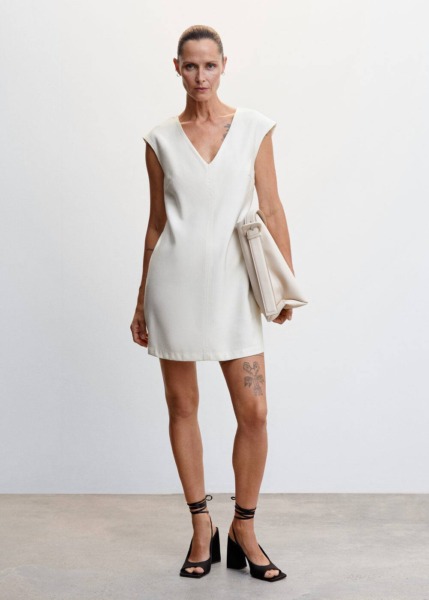 White Short Dress With V-Neck Mango Womens DRESSES GOOFASH