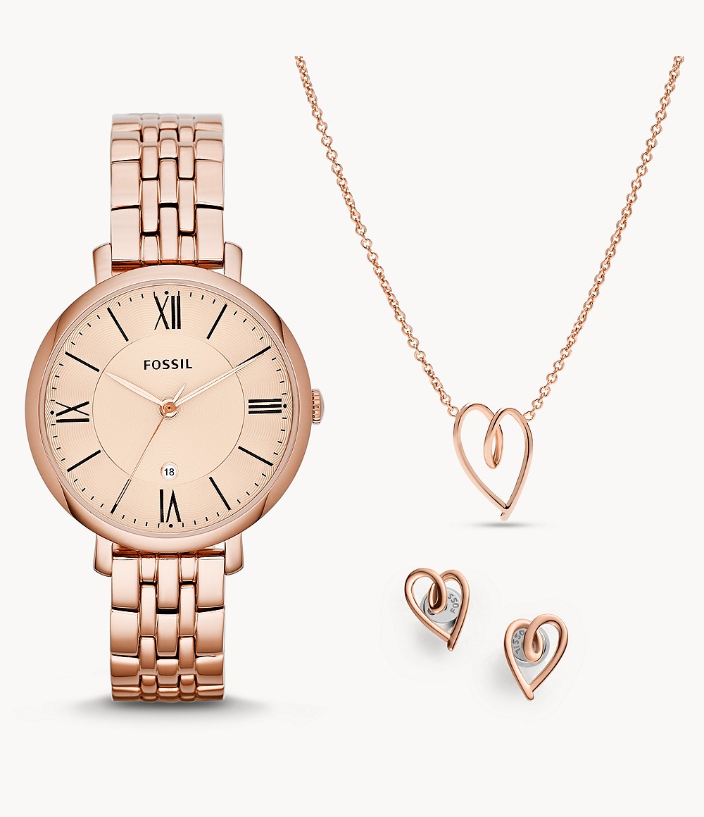 Woman Jacqueline Three Hand Date Rose Gold Tone Stainless Steel Watch And Jewellery Set Fossil Womens JEWELRY GOOFASH