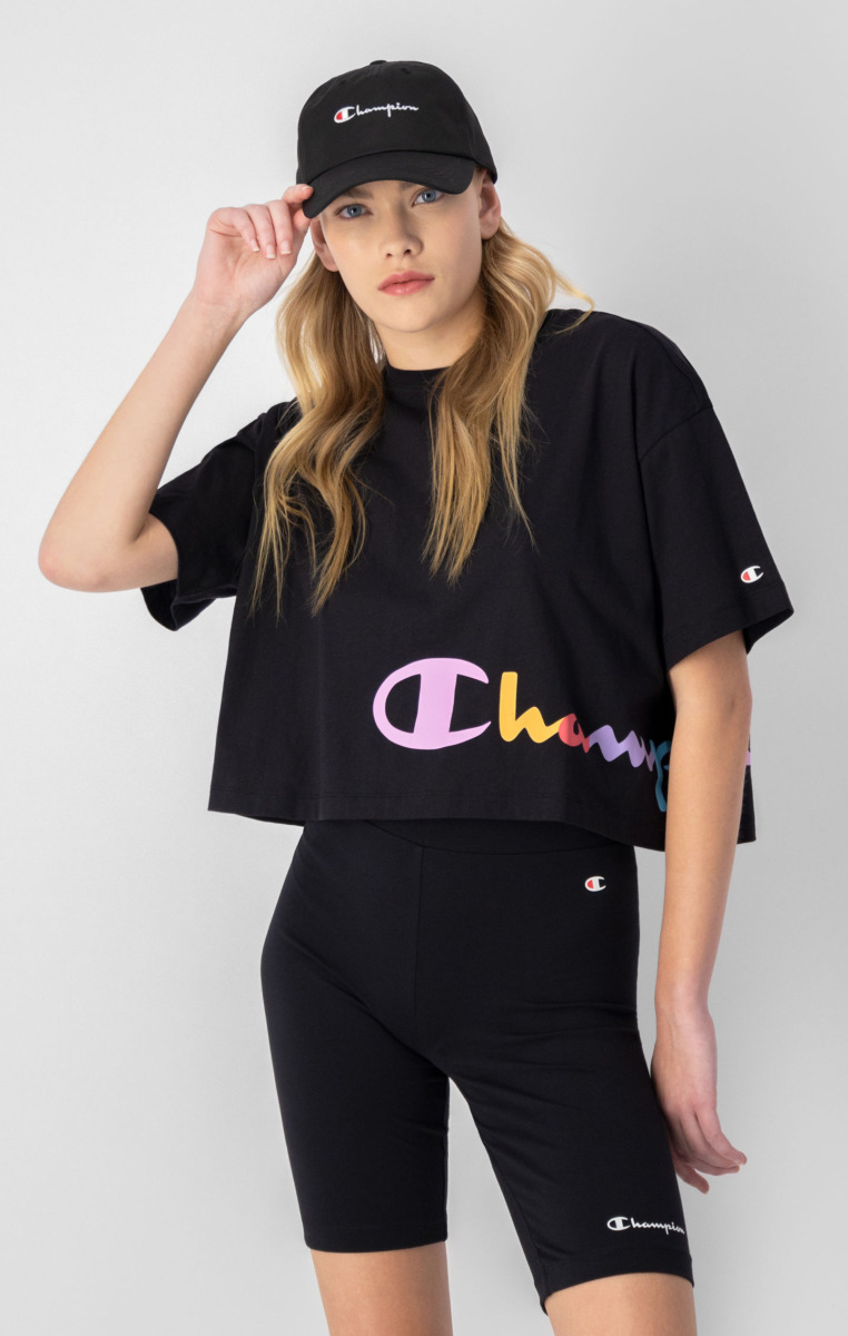 Women's Black Short T-Shirt With Multi Colored Logo Lettering Champion Womens T-SHIRTS GOOFASH