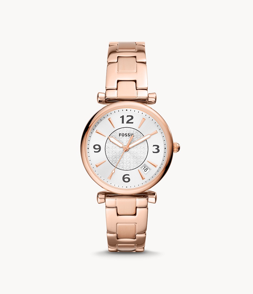 Women's Fossil Carlie Three Hand Date Rose Gold Tone Stainless Steel Watch Womens WATCHES GOOFASH