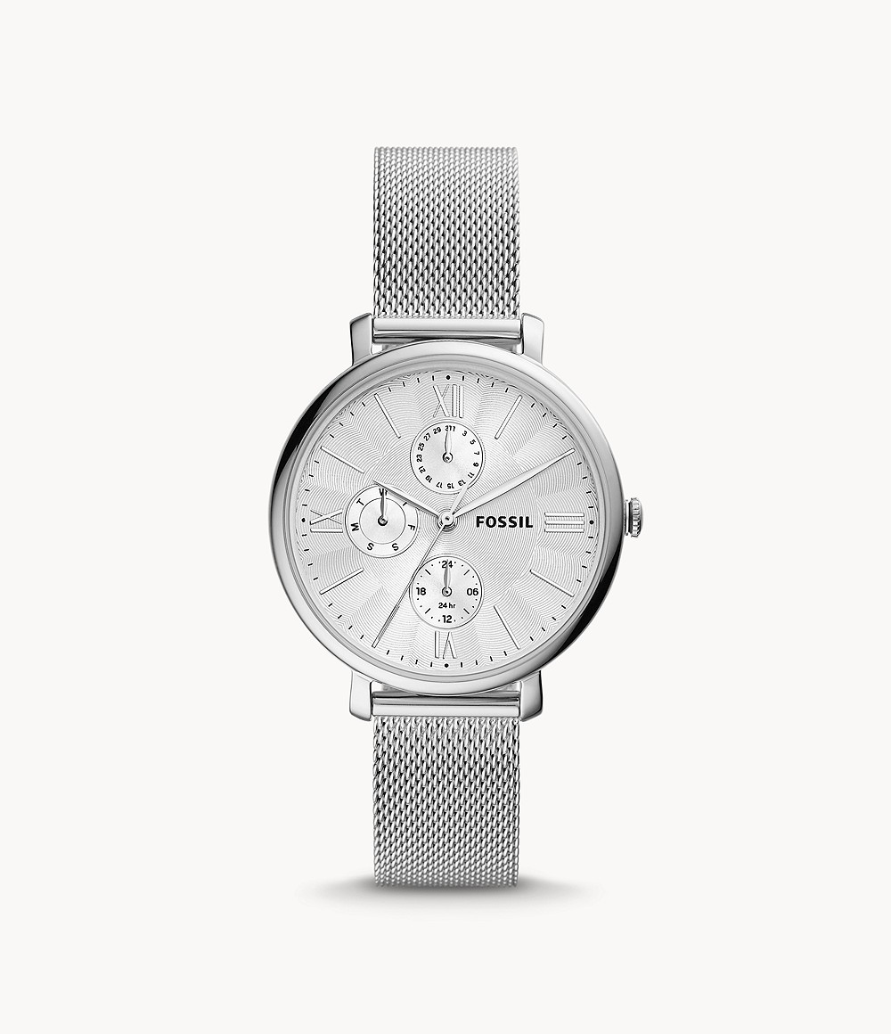 Women's Fossil Silver Jacqueline Multifunction Stainless Steel Mesh Watch Womens WATCHES GOOFASH
