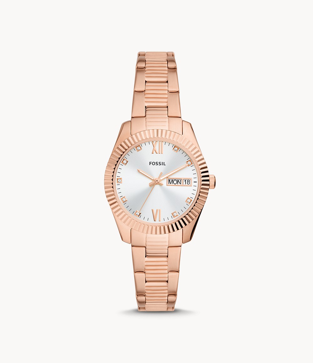 Women's Scarlette Three Hand Day Date Rose Gold Tone Stainless Steel Watch Fossil Womens WATCHES GOOFASH