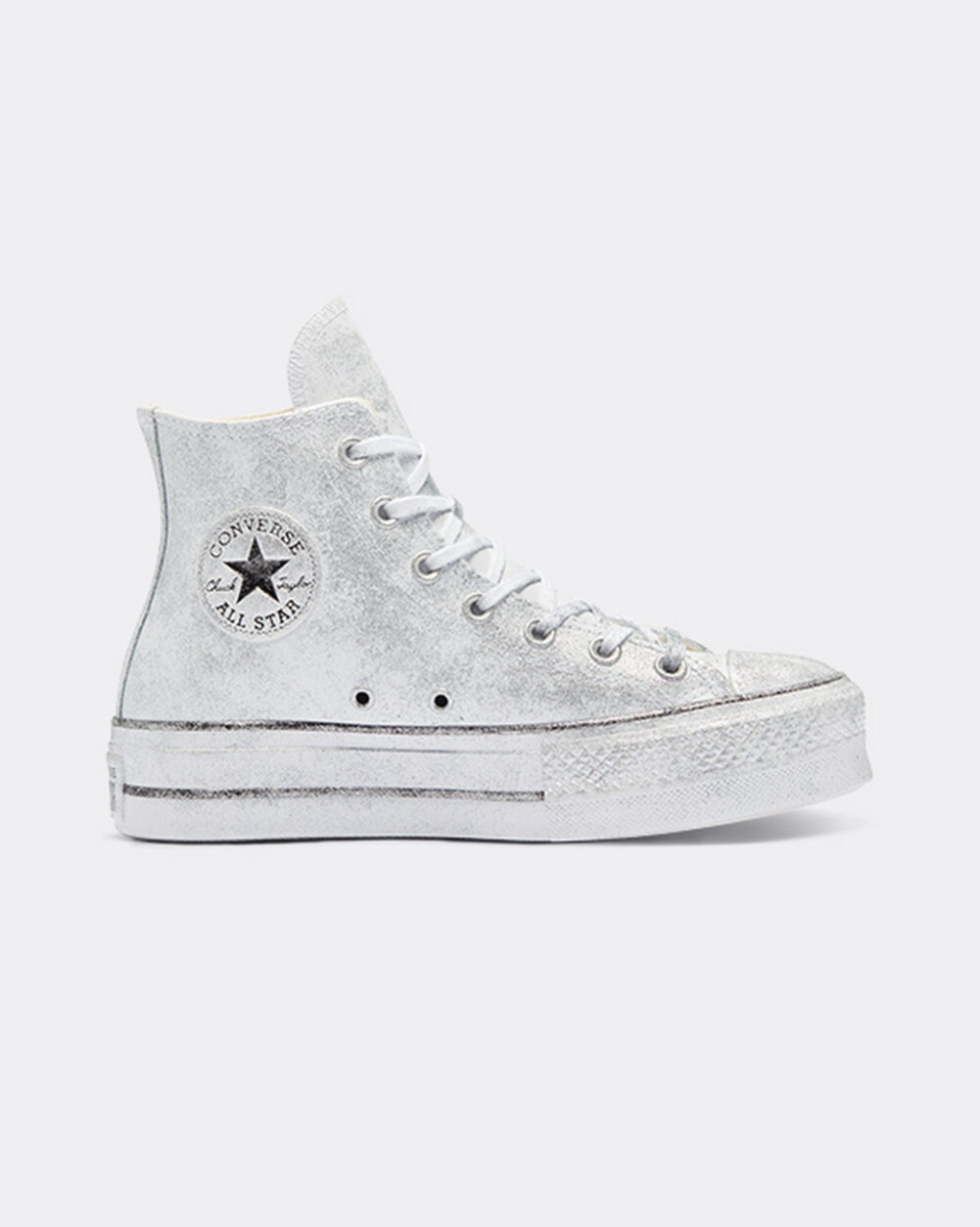 Women's Silver Chuck Taylor All Star Lift Platform Luxe Leather Converse Womens SNEAKER GOOFASH