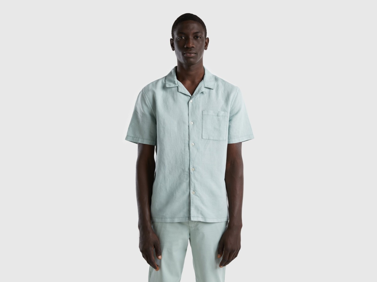 Aqua Shirt From Linen Mixture With Short Sleeves Turquoise Blue Male Benetton Mens SHIRTS GOOFASH