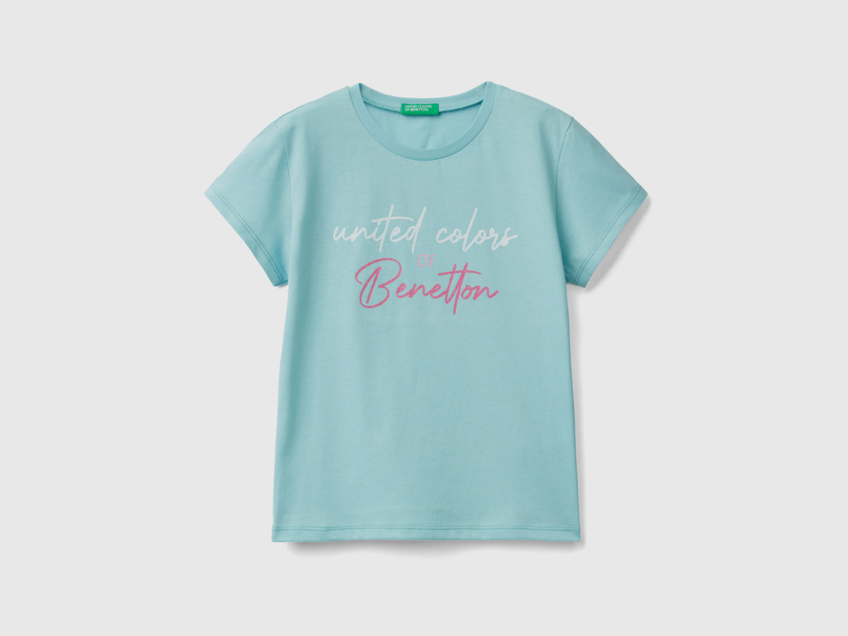 Aqua T-Shirt Made Of Organic With Glittering Logo Turquoise Blue Female Benetton Womens T-SHIRTS GOOFASH