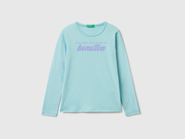 Benetton Aqua T-Shirt Made Of With Long Sleeves Turquoise Blue Female Womens T-SHIRTS GOOFASH