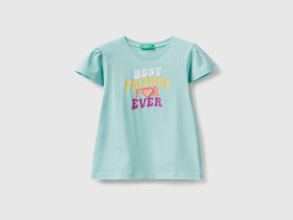 Benetton Aqua T-Shirt With Glittering Print And Patch Turquoise Blue Female Womens T-SHIRTS GOOFASH