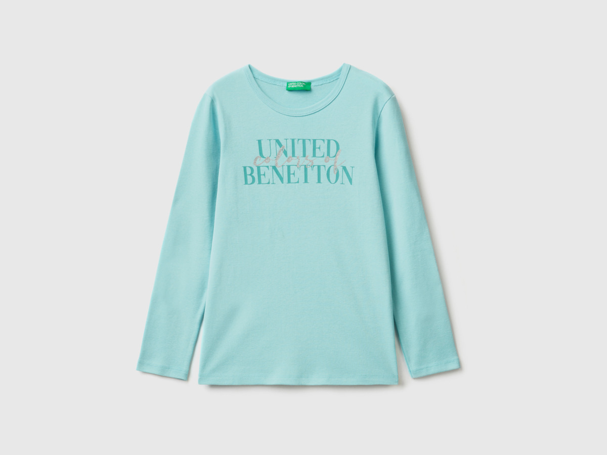 Benetton Aqua T-Shirt With Long Sleeves And Glitter Print Turquoise Blue Female Womens T-SHIRTS GOOFASH