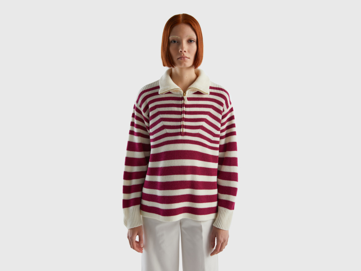 Benetton Burgundy Striped Sweater With High Collar Bordeaux Female Womens SWEATERS GOOFASH