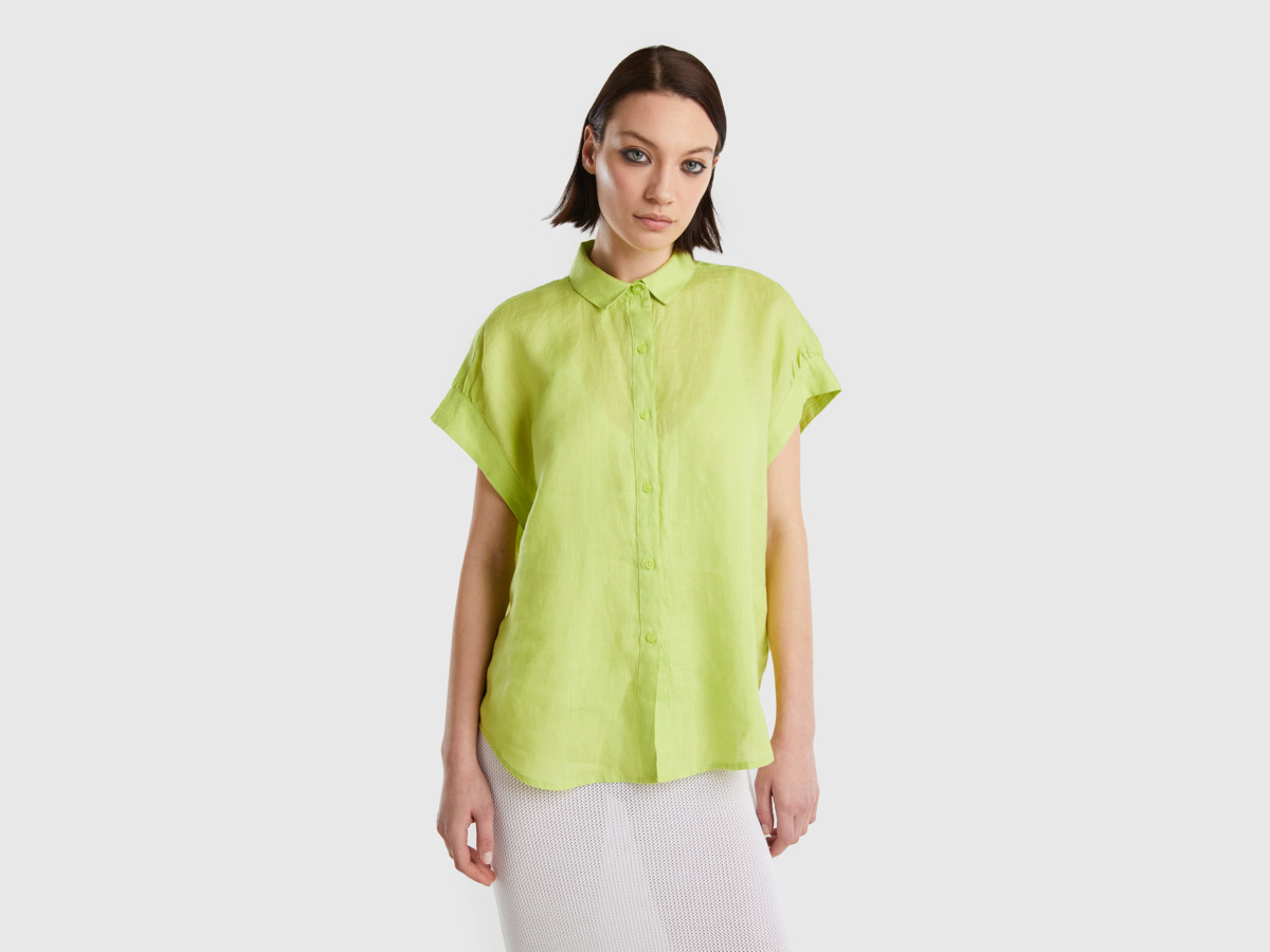 Benetton Green Blouse Made Of Pure Linen With Short Sleeves Female Womens BLOUSES GOOFASH